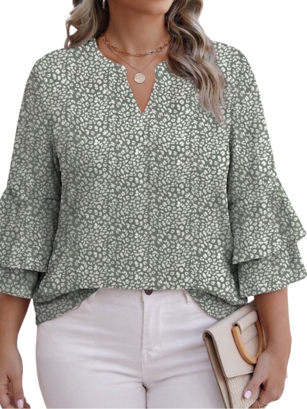 Fantaslook Green Abstract Leopard Print V-Neck Ruffle Tiered Bell Sleeve Blouse